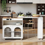 Grey Blue / Navy Blue / White Rolling Kitchen Island with Extendable Table, LED Glass Cabinet, for 1–2
