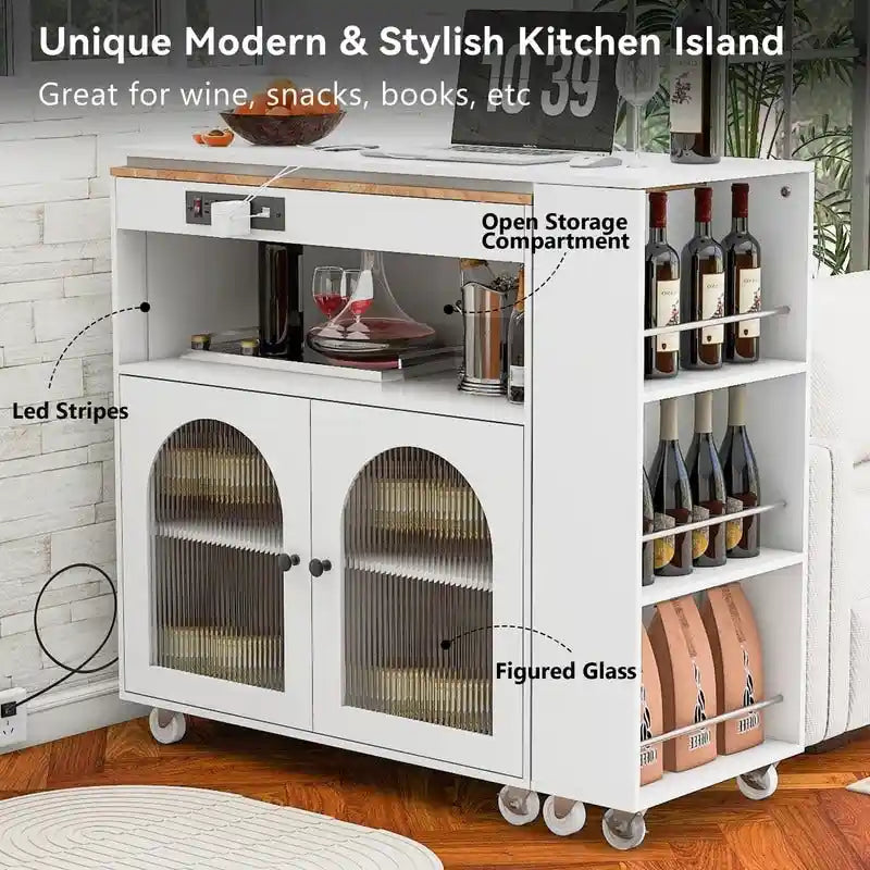 Grey Blue / Navy Blue / White Rolling Kitchen Island with Extendable Table, LED Glass Cabinet, for 1–2