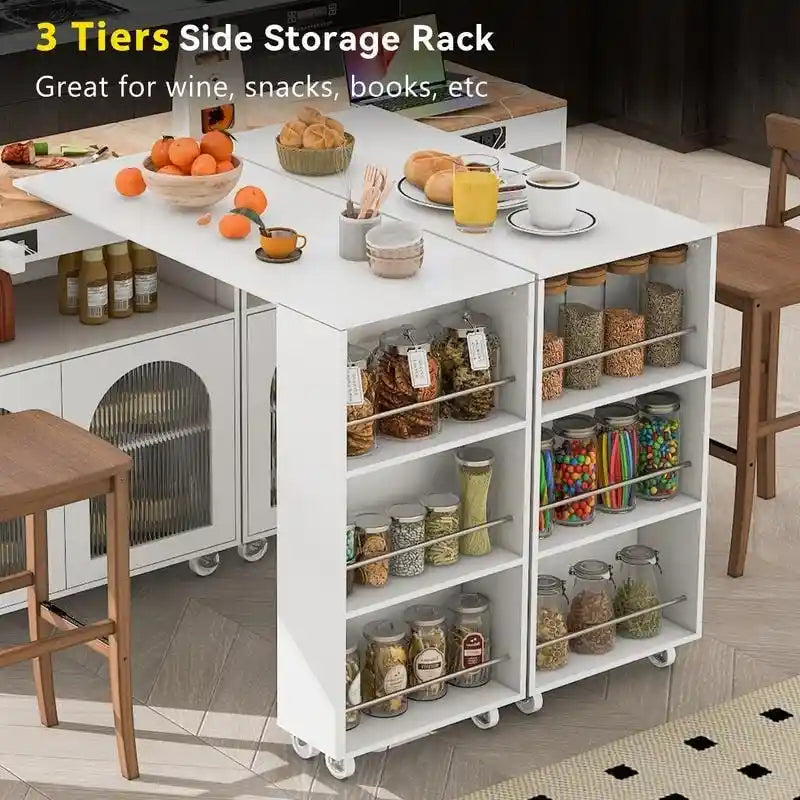 Grey Blue / Navy Blue / White Rolling Kitchen Island with Extendable Table, LED Glass Cabinet, for 1–2