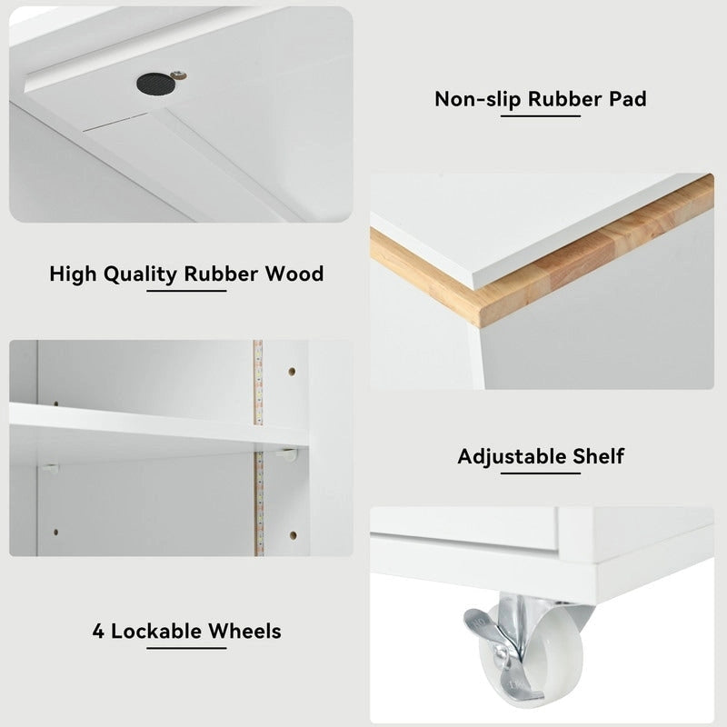 Grey Blue / Navy Blue / White Rolling Kitchen Island with Extendable Table, LED Glass Cabinet, for 1–2
