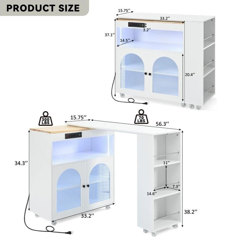 Grey Blue / Navy Blue / White Rolling Kitchen Island with Extendable Table, LED Glass Cabinet, for 1–2