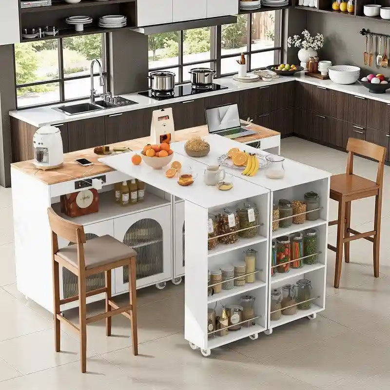 Grey Blue / Navy Blue / White Rolling Kitchen Island with Extendable Table, LED Glass Cabinet, for 1–2