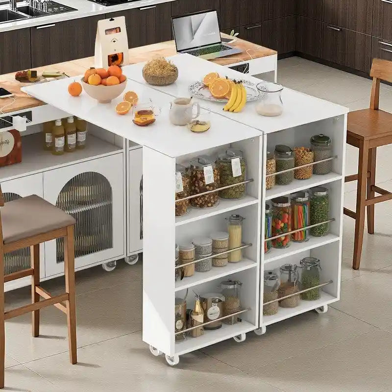 Grey Blue / Navy Blue / White Rolling Kitchen Island with Extendable Table, LED Glass Cabinet, for 1–2