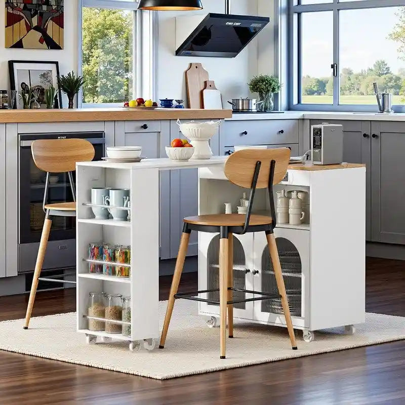 Grey Blue / Navy Blue / White Rolling Kitchen Island with Extendable Table, LED Glass Cabinet, for 1–2