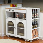 Grey Blue / Navy Blue / White Rolling Kitchen Island with Extendable Table, LED Glass Cabinet, for 1–2
