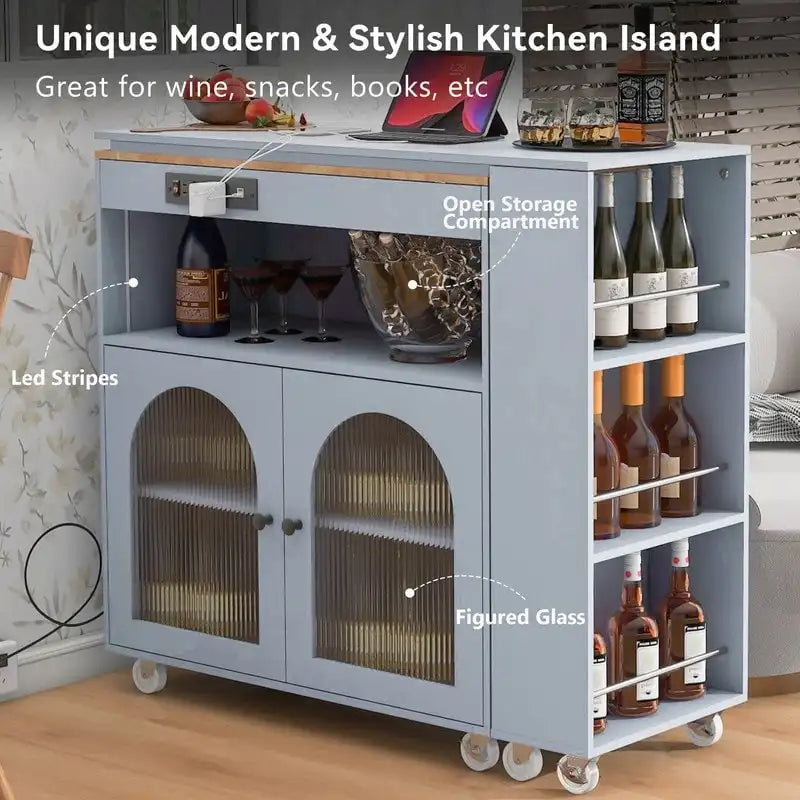 Grey Blue / Navy Blue / White Rolling Kitchen Island with Extendable Table, LED Glass Cabinet, for 1–2