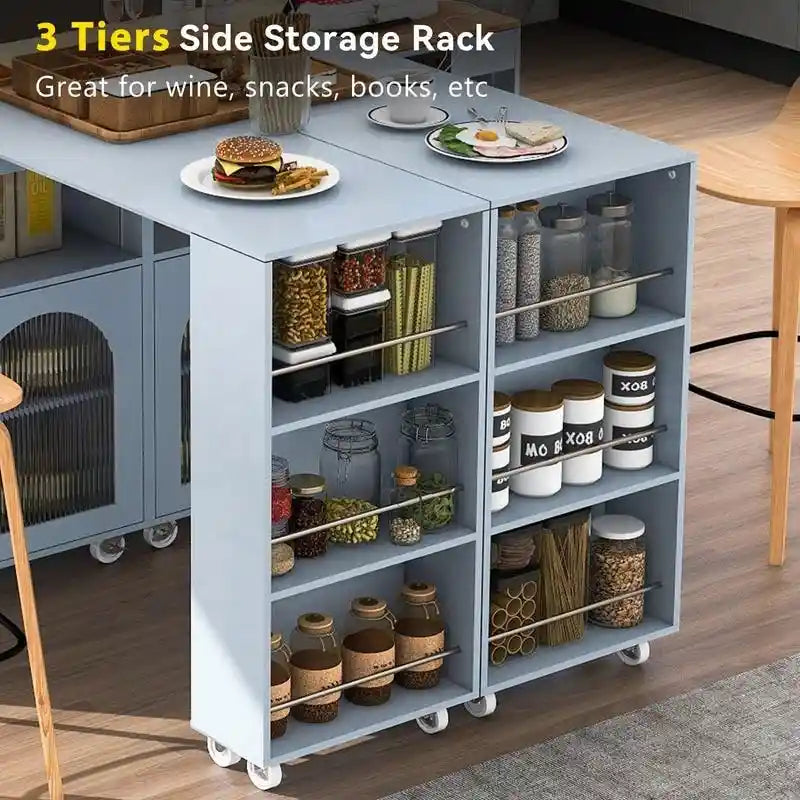 Grey Blue / Navy Blue / White Rolling Kitchen Island with Extendable Table, LED Glass Cabinet, for 1–2