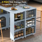 Grey Blue / Navy Blue / White Rolling Kitchen Island with Extendable Table, LED Glass Cabinet, for 1–2