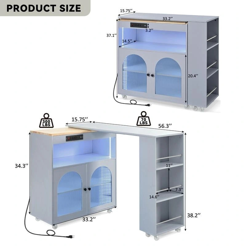 Grey Blue / Navy Blue / White Rolling Kitchen Island with Extendable Table, LED Glass Cabinet, for 1–2