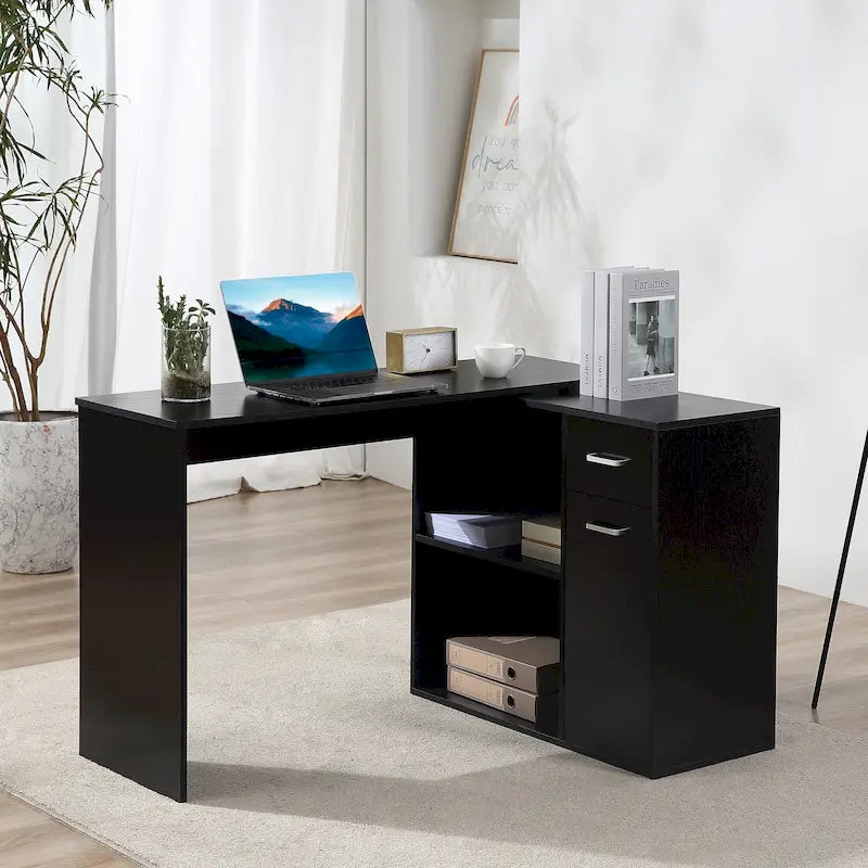 Black L-Shaped Corner Desk with Storage, Single-Person