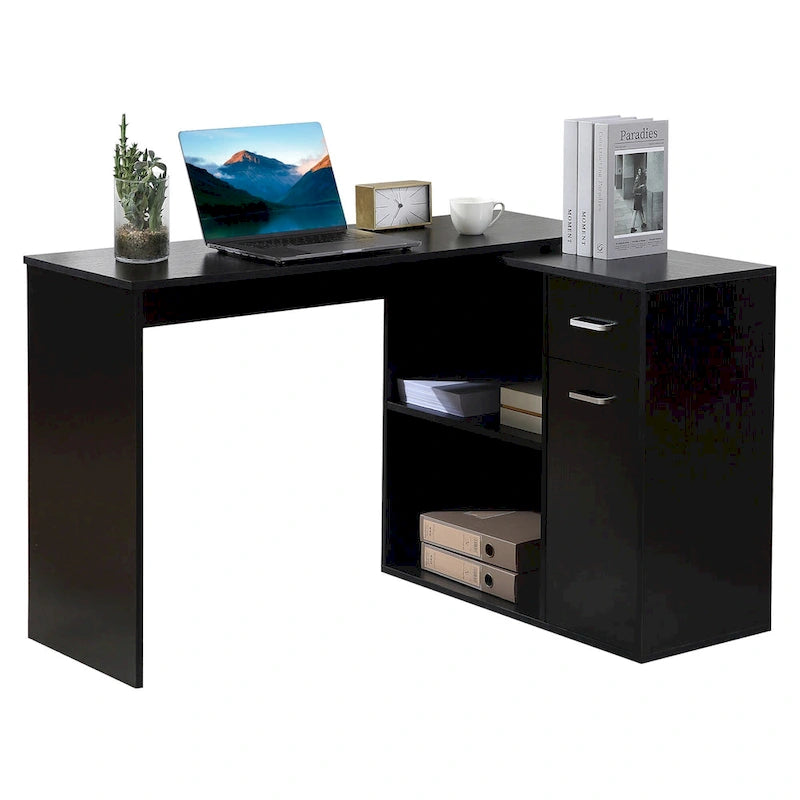 Black L-Shaped Corner Desk with Storage, Single-Person