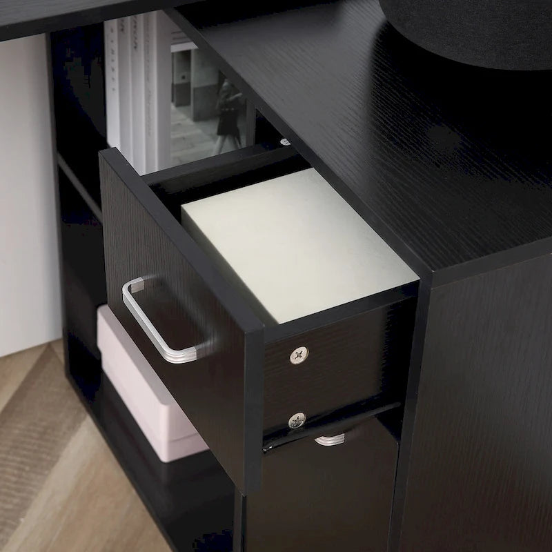 Black L-Shaped Corner Desk with Storage, Single-Person