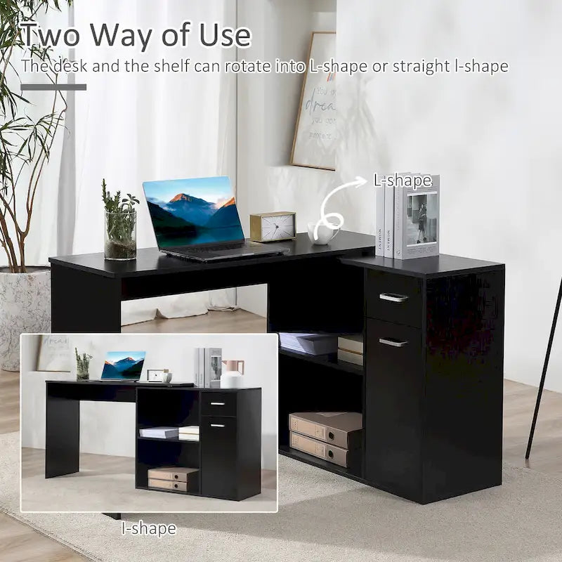 Black L-Shaped Corner Desk with Storage, Single-Person