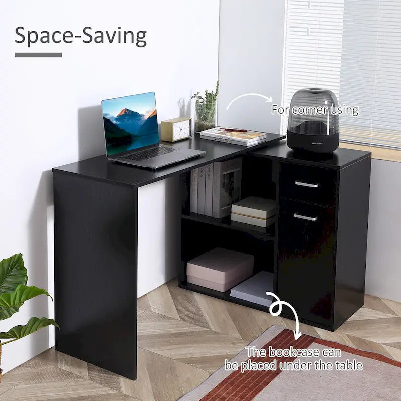 Black L-Shaped Corner Desk with Storage, Single-Person