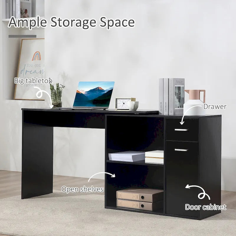 Black L-Shaped Corner Desk with Storage, Single-Person