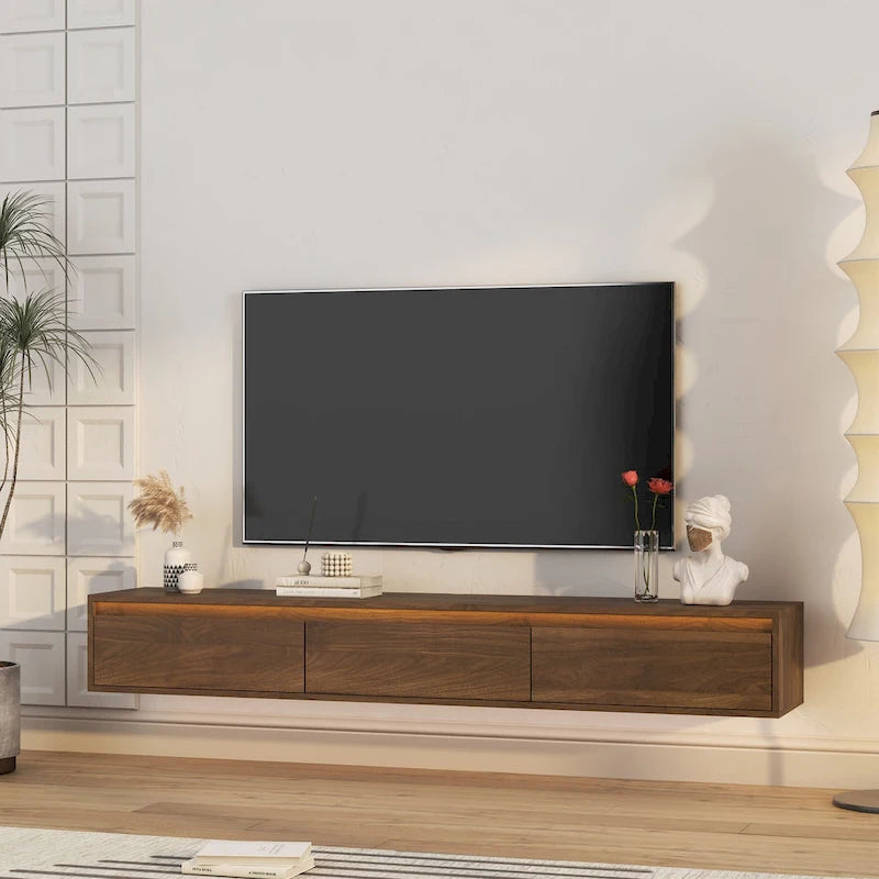 White High-Gloss Wall-Mounted TV Stand with LED Lights & Power Outlet – Single Unit