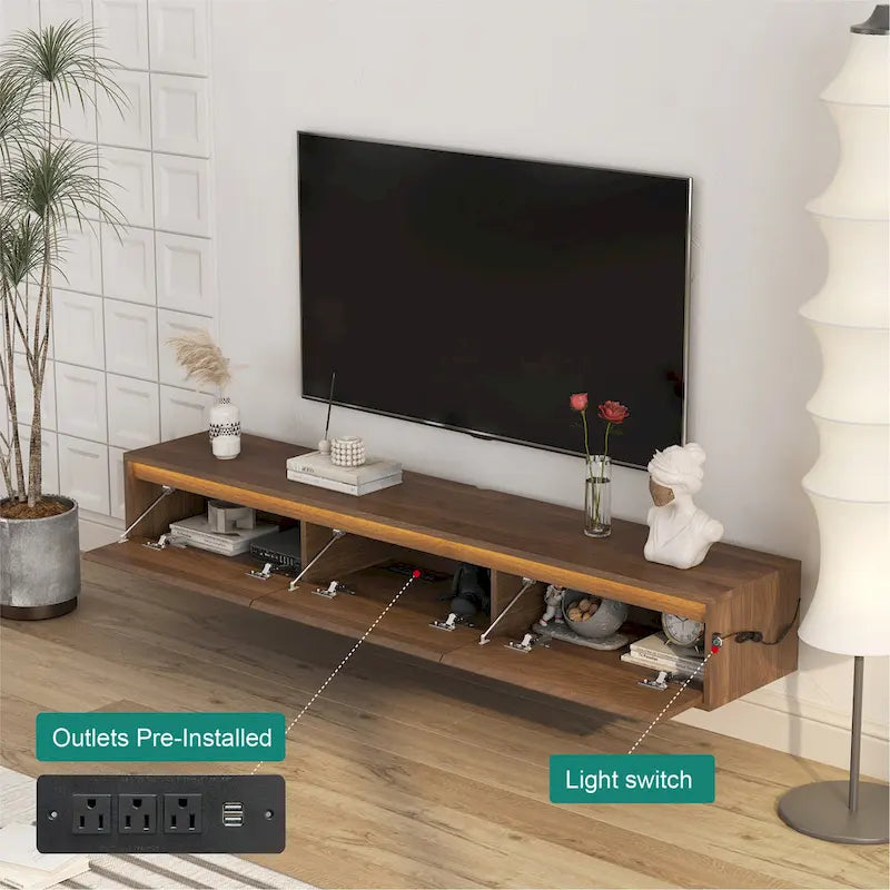White High-Gloss Wall-Mounted TV Stand with LED Lights & Power Outlet – Single Unit