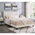 Off White Queen Platform Bed, 3D Upholstered Adjustable Headboard, 1-Person