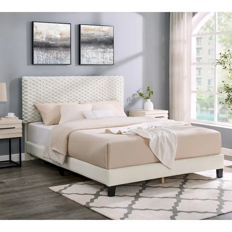 Off White Queen Platform Bed, 3D Upholstered Adjustable Headboard, 1-Person