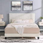 Off White Queen Platform Bed, 3D Upholstered Adjustable Headboard, 1-Person