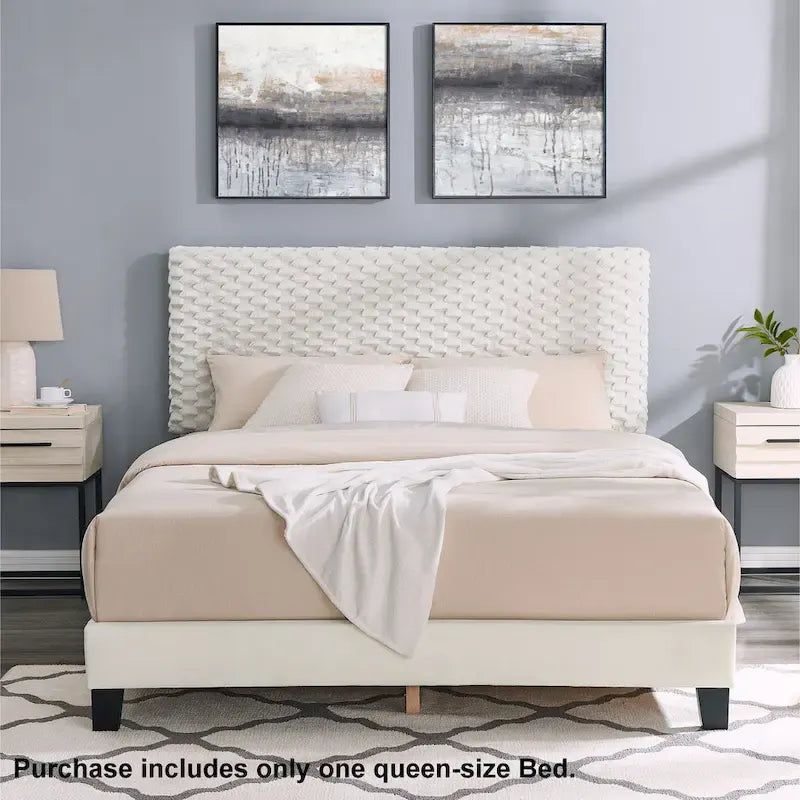 Off White Queen Platform Bed, 3D Upholstered Adjustable Headboard, 1-Person