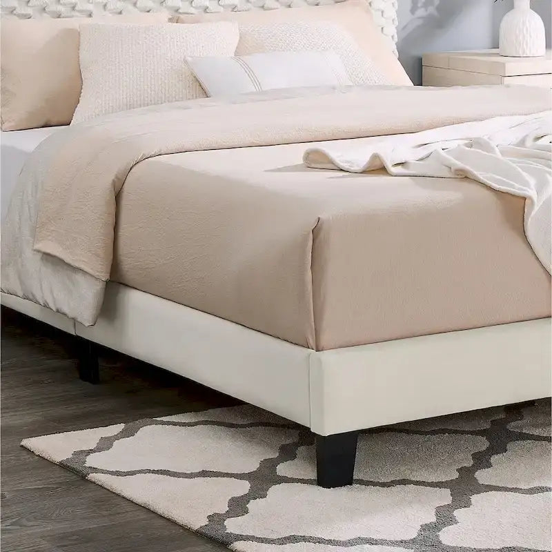Off White Queen Platform Bed, 3D Upholstered Adjustable Headboard, 1-Person