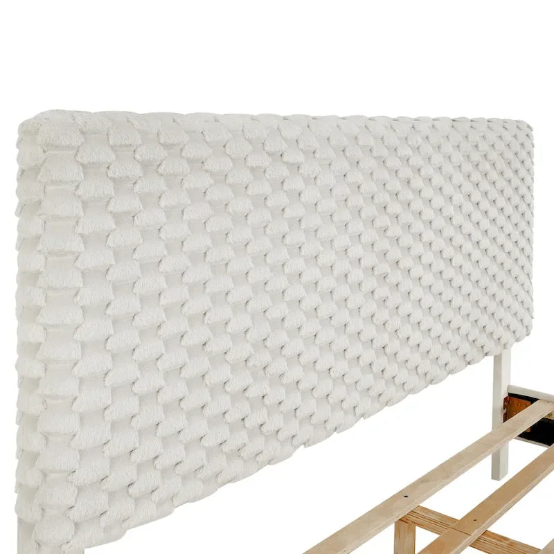 Off White Queen Platform Bed, 3D Upholstered Adjustable Headboard, 1-Person