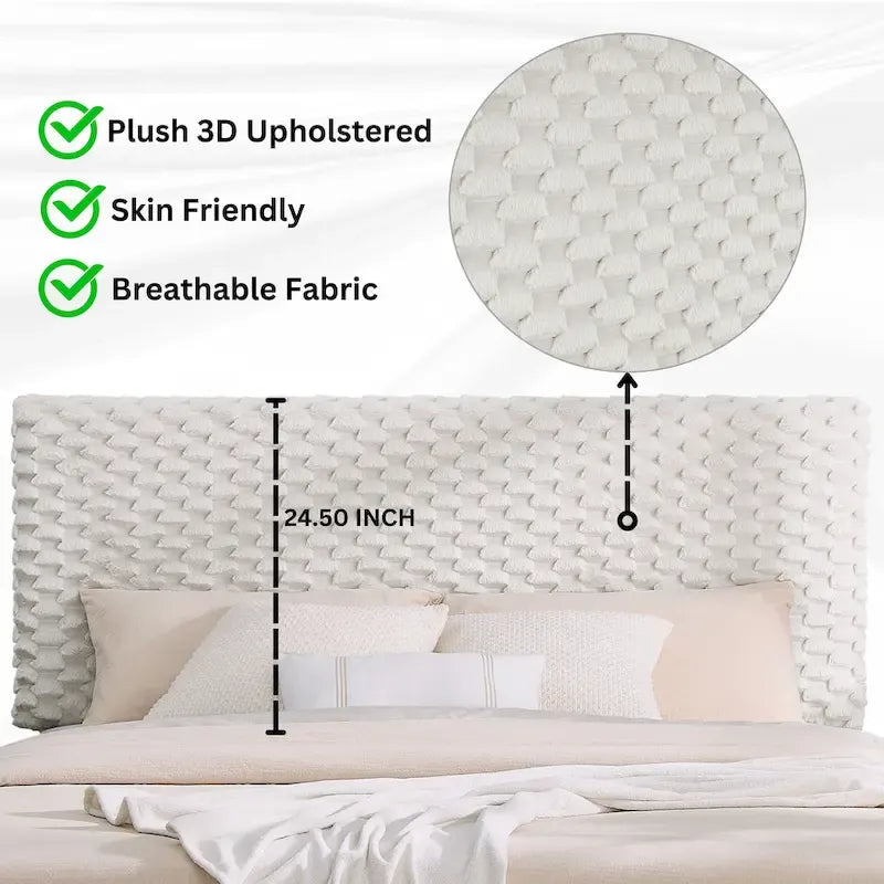 Off White Queen Platform Bed, 3D Upholstered Adjustable Headboard, 1-Person