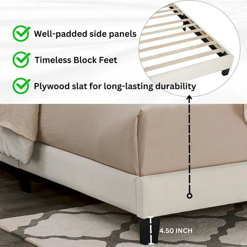 Off White Queen Platform Bed, 3D Upholstered Adjustable Headboard, 1-Person