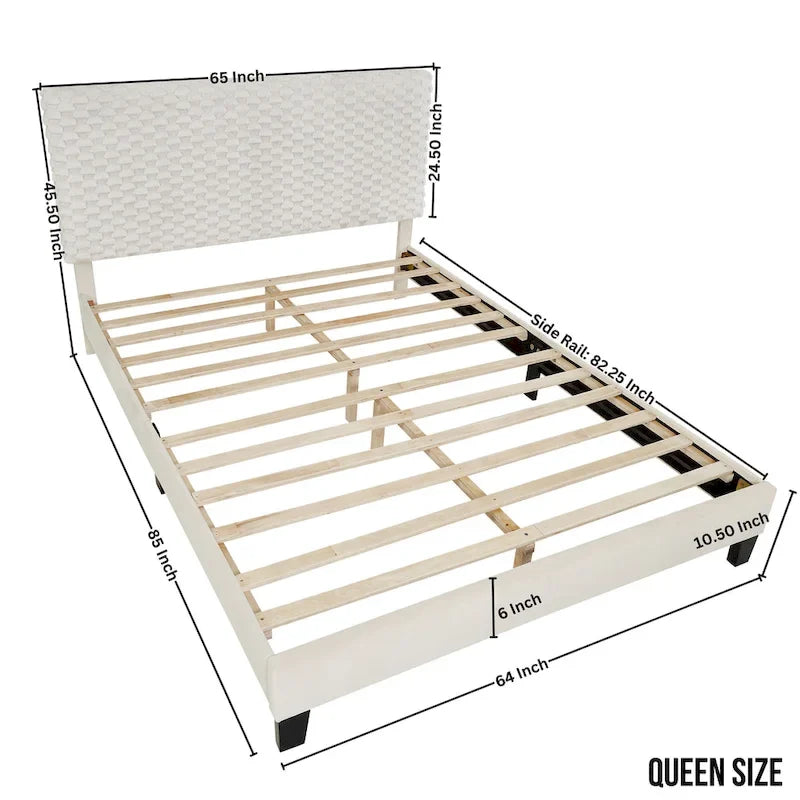 Off White Queen Platform Bed, 3D Upholstered Adjustable Headboard, 1-Person