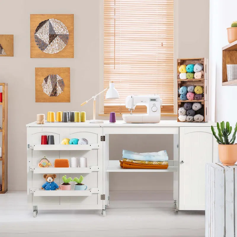 White Folding Sewing Table with Storage Cabinet & Shelves, Single User