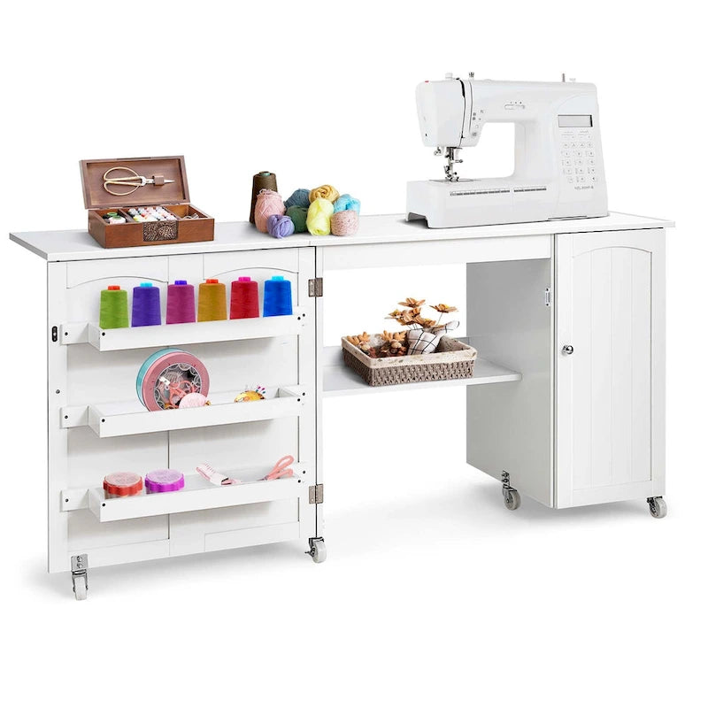 White Folding Sewing Table with Storage Cabinet & Shelves, Single User