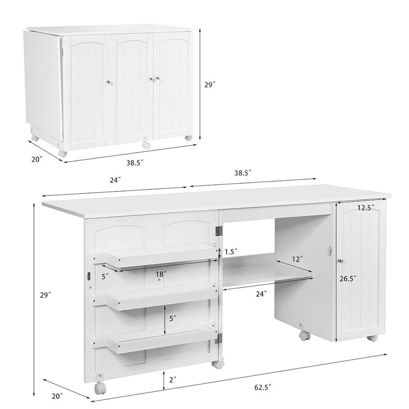 White Folding Sewing Table with Storage Cabinet & Shelves, Single User