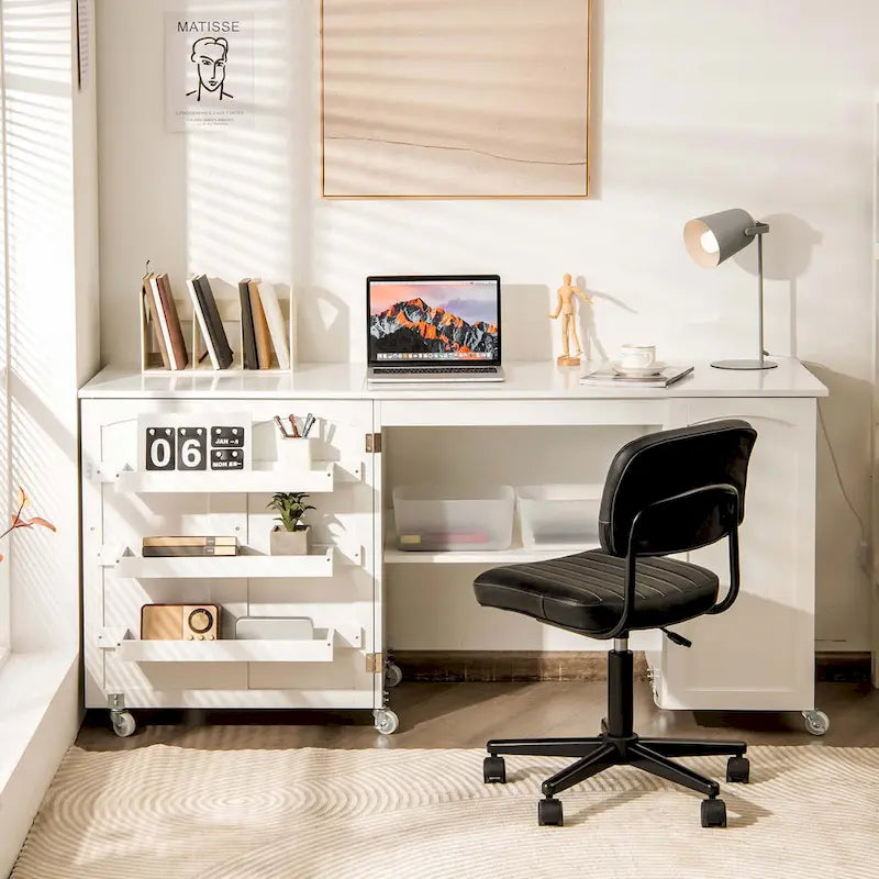 White Folding Sewing Table with Storage Cabinet & Shelves, Single User