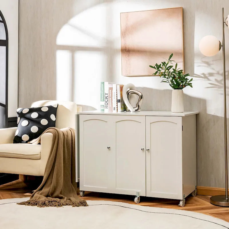 White Folding Sewing Table with Storage Cabinet & Shelves, Single User