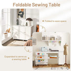 White Folding Sewing Table with Storage Cabinet & Shelves, Single User