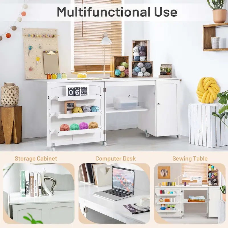 White Folding Sewing Table with Storage Cabinet & Shelves, Single User