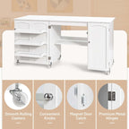 White Folding Sewing Table with Storage Cabinet & Shelves, Single User