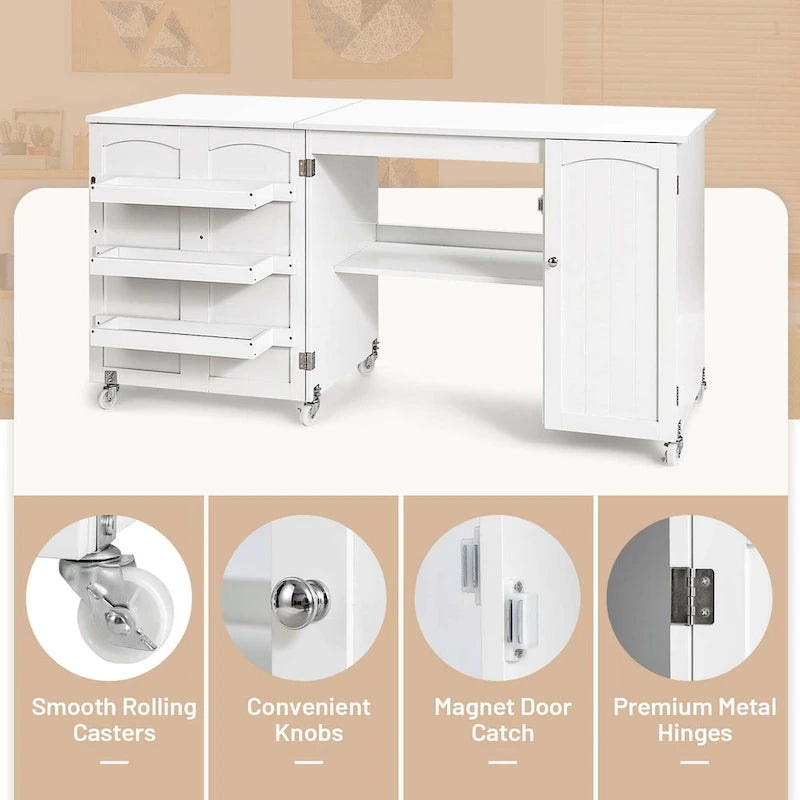 White Folding Sewing Table with Storage Cabinet & Shelves, Single User