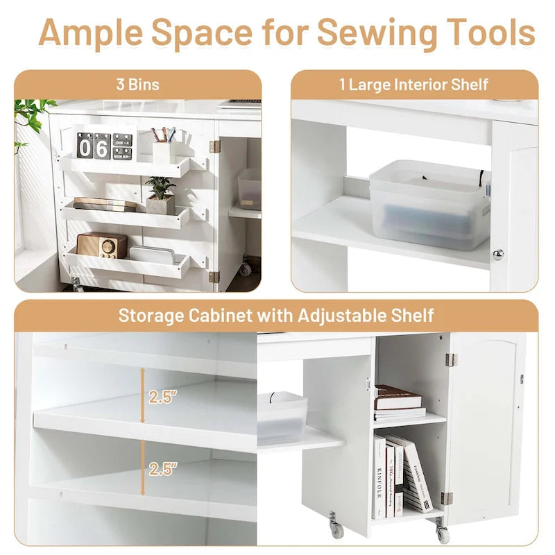 White Folding Sewing Table with Storage Cabinet & Shelves, Single User