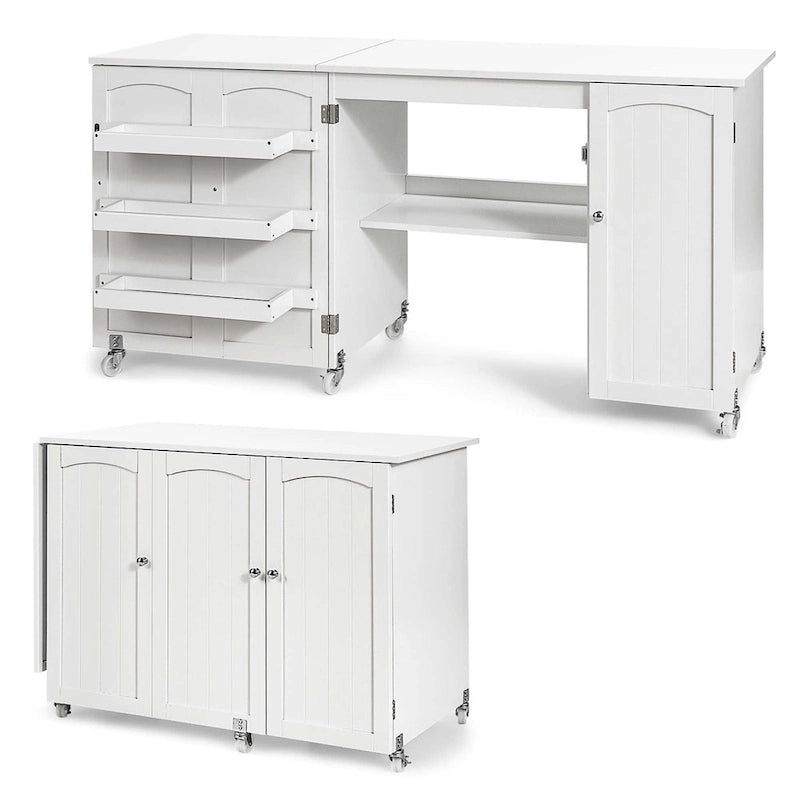 White Folding Sewing Table with Storage Cabinet & Shelves, Single User