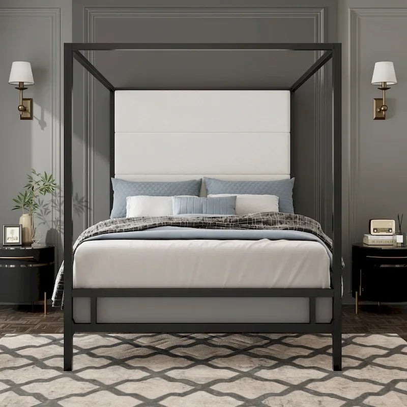 Metal Four-Poster Canopy Bed with Linen Headboard, Black & White / Gold & Tan, Queen & King