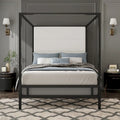 Metal Four-Poster Canopy Bed with Linen Headboard, Black & White / Gold & Tan, Queen & King