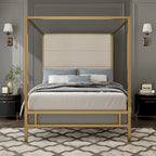 Metal Four-Poster Canopy Bed with Linen Headboard, Black & White / Gold & Tan, Queen & King