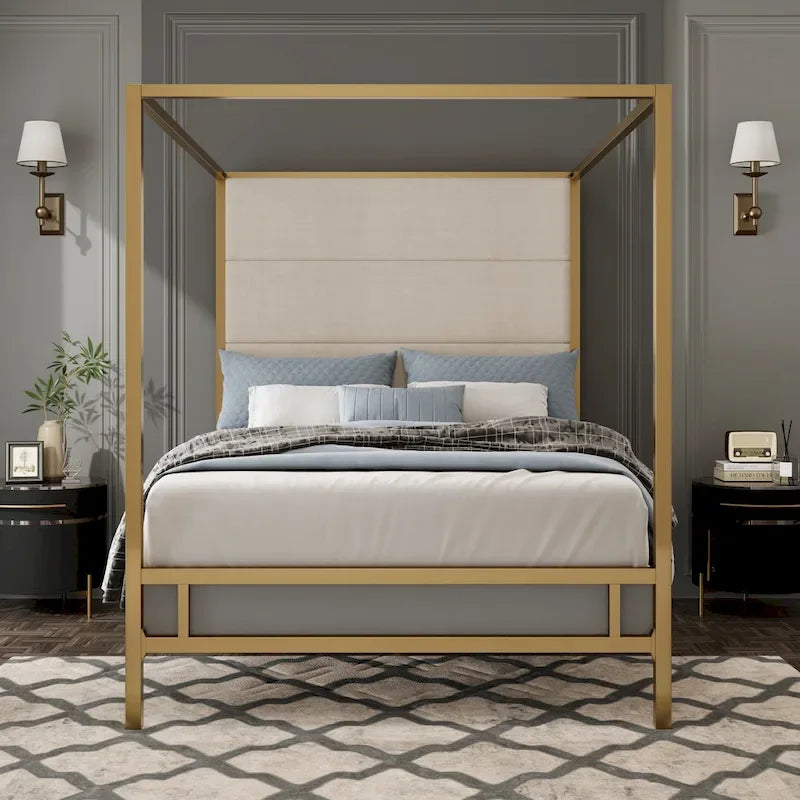 Metal Four-Poster Canopy Bed with Linen Headboard, Black & White / Gold & Tan, Queen & King