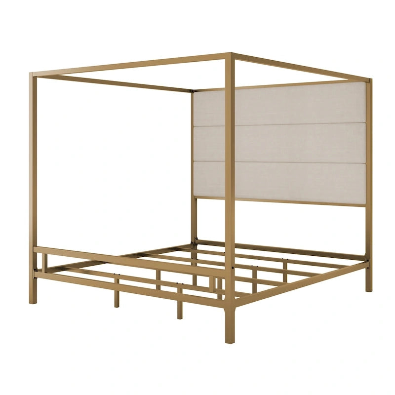 Metal Four-Poster Canopy Bed with Linen Headboard, Black & White / Gold & Tan, Queen & King