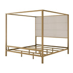 Metal Four-Poster Canopy Bed with Linen Headboard, Black & White / Gold & Tan, Queen & King