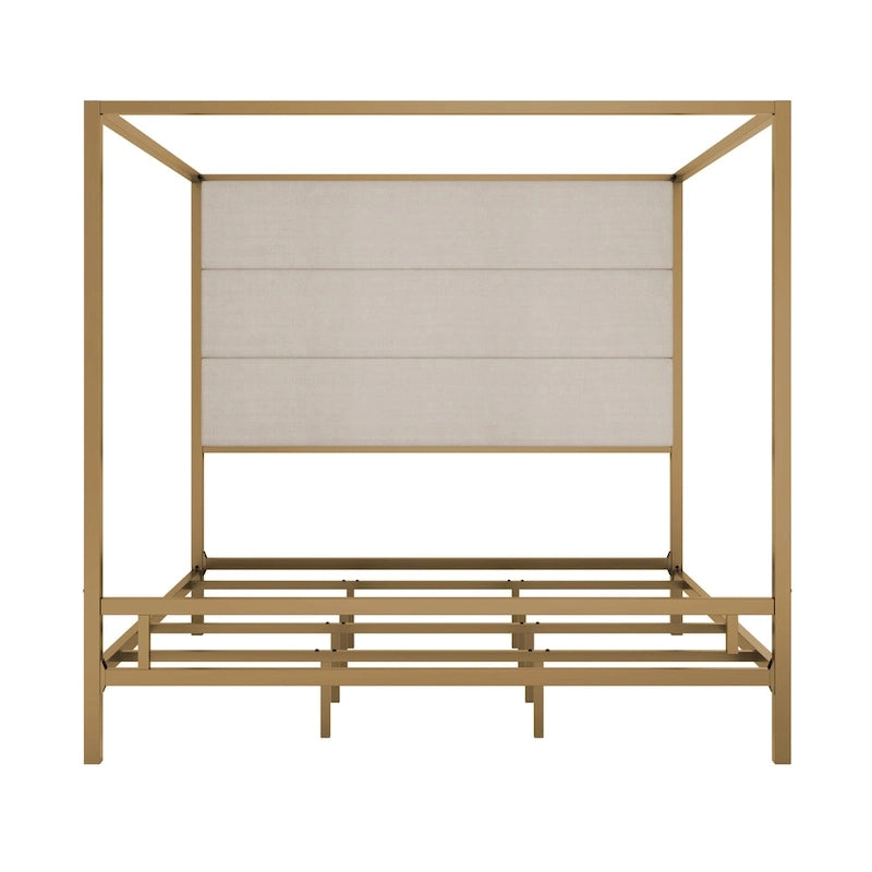 Metal Four-Poster Canopy Bed with Linen Headboard, Black & White / Gold & Tan, Queen & King