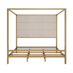 Metal Four-Poster Canopy Bed with Linen Headboard, Black & White / Gold & Tan, Queen & King