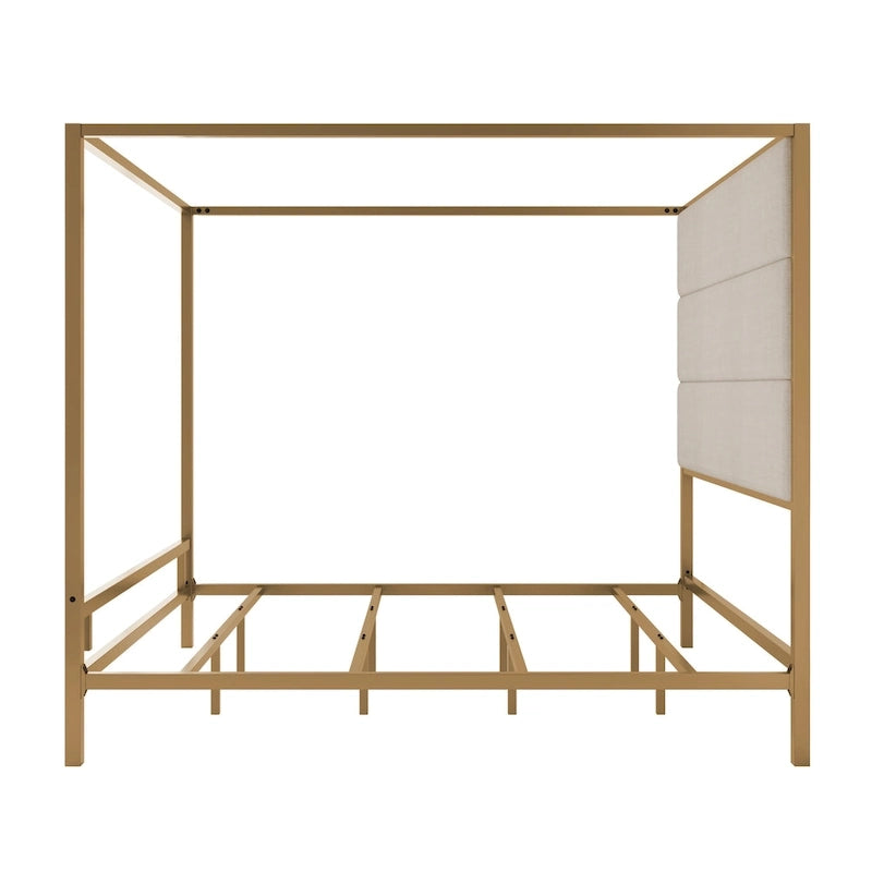 Metal Four-Poster Canopy Bed with Linen Headboard, Black & White / Gold & Tan, Queen & King